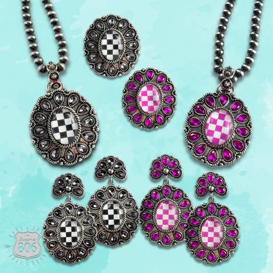 Western oval rhinestone pendant on burnished silver bead necklace