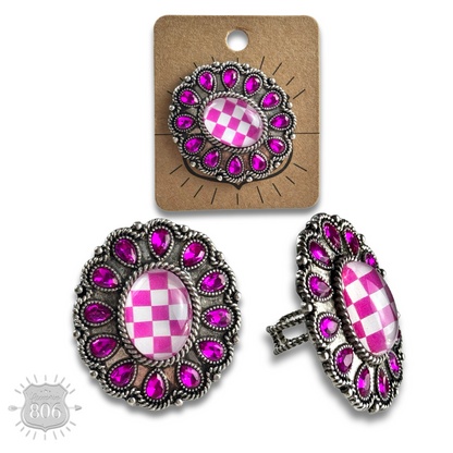 Western oval rhinestone ring with checkerboard inlay