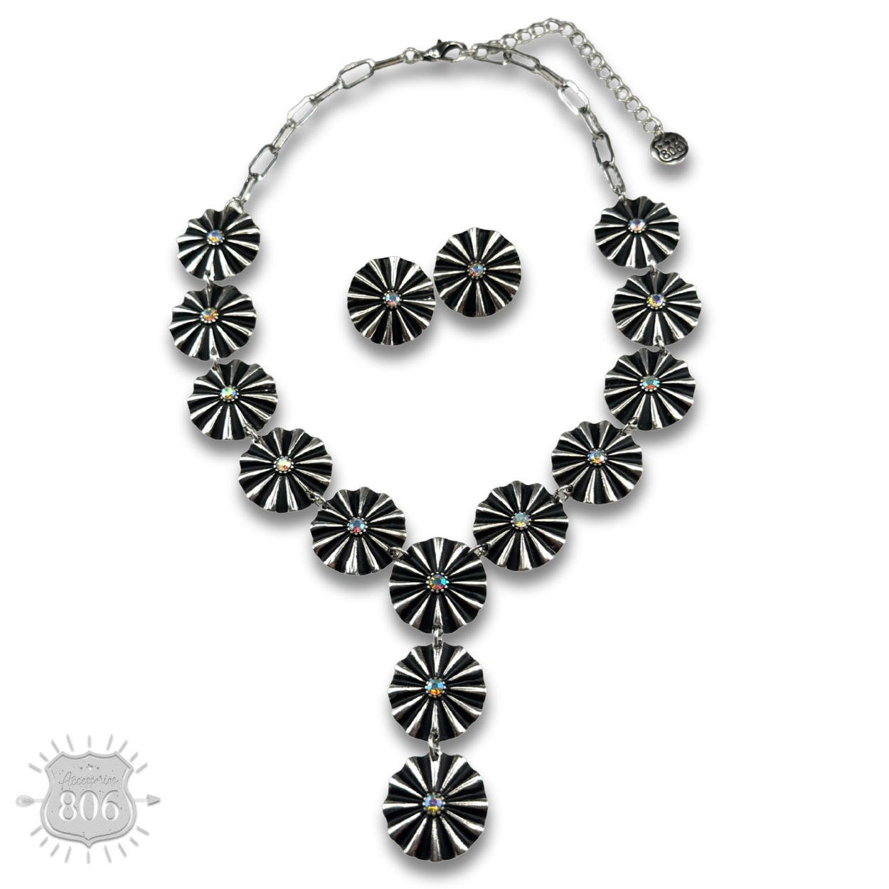 Starburst concho Y with iridescent rhinestones necklace and earring set