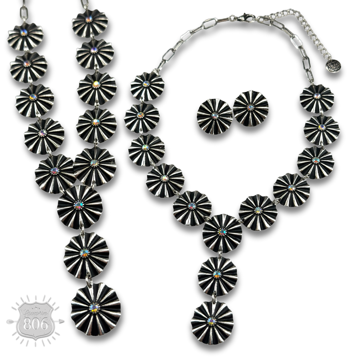 Starburst concho Y with iridescent rhinestones necklace and earring set