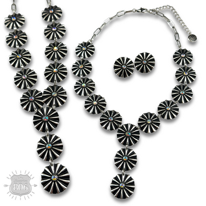 Starburst concho Y with iridescent rhinestones necklace and earring set