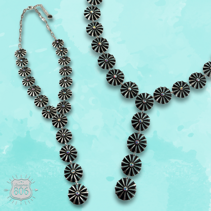 Starburst concho long Y necklace with iridescent rhinestones
