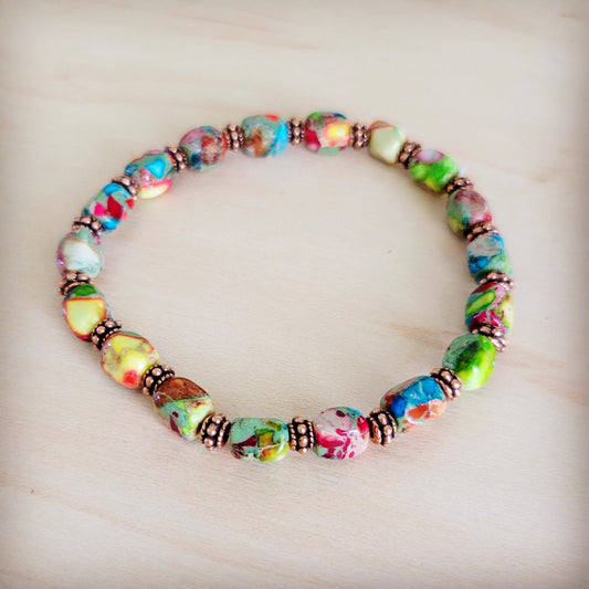 Genuine Regalite and Copper Stretch Beaded Bracelet Multi 812L