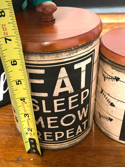 Eat Sleep Meow Repeat Cat Treat Canister Set – Rustic Farmhouse Pet Storage Decor