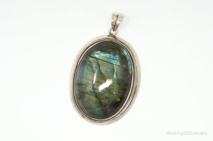 Vintage Large Labradorite Sterling Silver Necklace Pendant