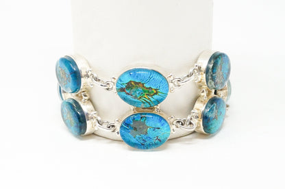 Vintage Large Blue Green Glass Stone Modernist Sterling Silver Cuff Bracelet