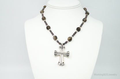 Designer Large Cross Smoky Topaz Pearl Sterling Silver Necklace