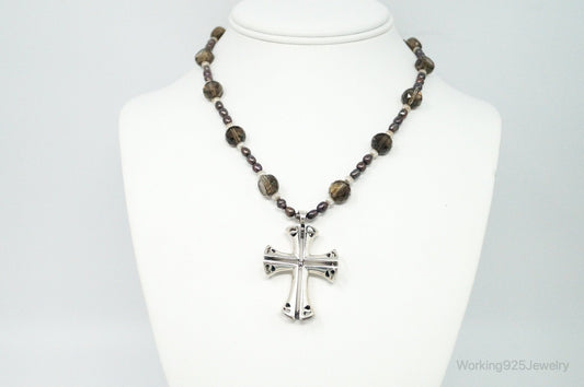 Designer Large Cross Smoky Topaz Pearl Sterling Silver Necklace