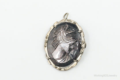 Antique Carved Abalone Shell Marcasite Woman Cameo 800 Silver Pendant Pin
