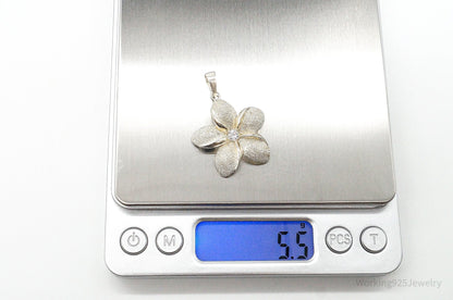 Large Vintage Cubic Zirconia Flower Sterling Silver Pendant