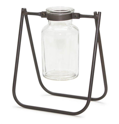 Set of 2 Hanging Glass Jar Vase Set with Metal Stand