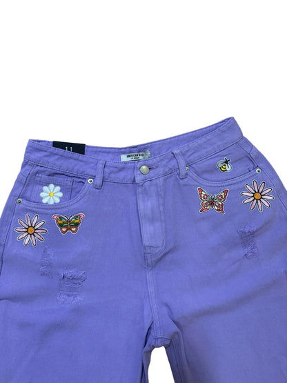 Purple Spring Patch High Waist Distressed Wide Leg Baggy Jeans