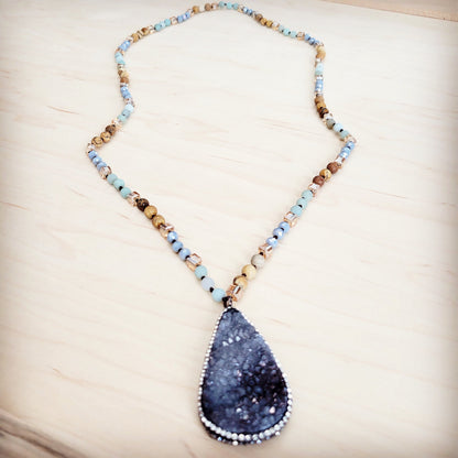 Amazonite & Crystal Long Beaded Necklace w/ Druzy Pendant 262u