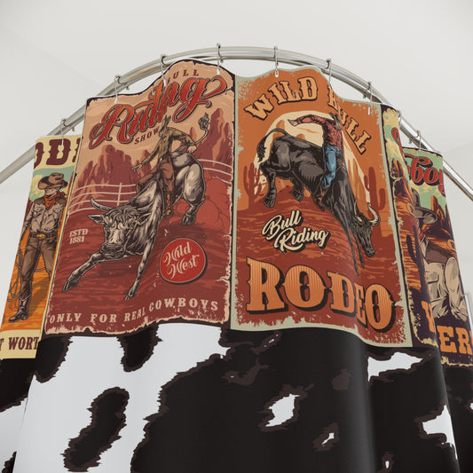 Cowhide Western Rodeo Shower Curtain — Vintage Rodeo Poster Bathroom Decor
