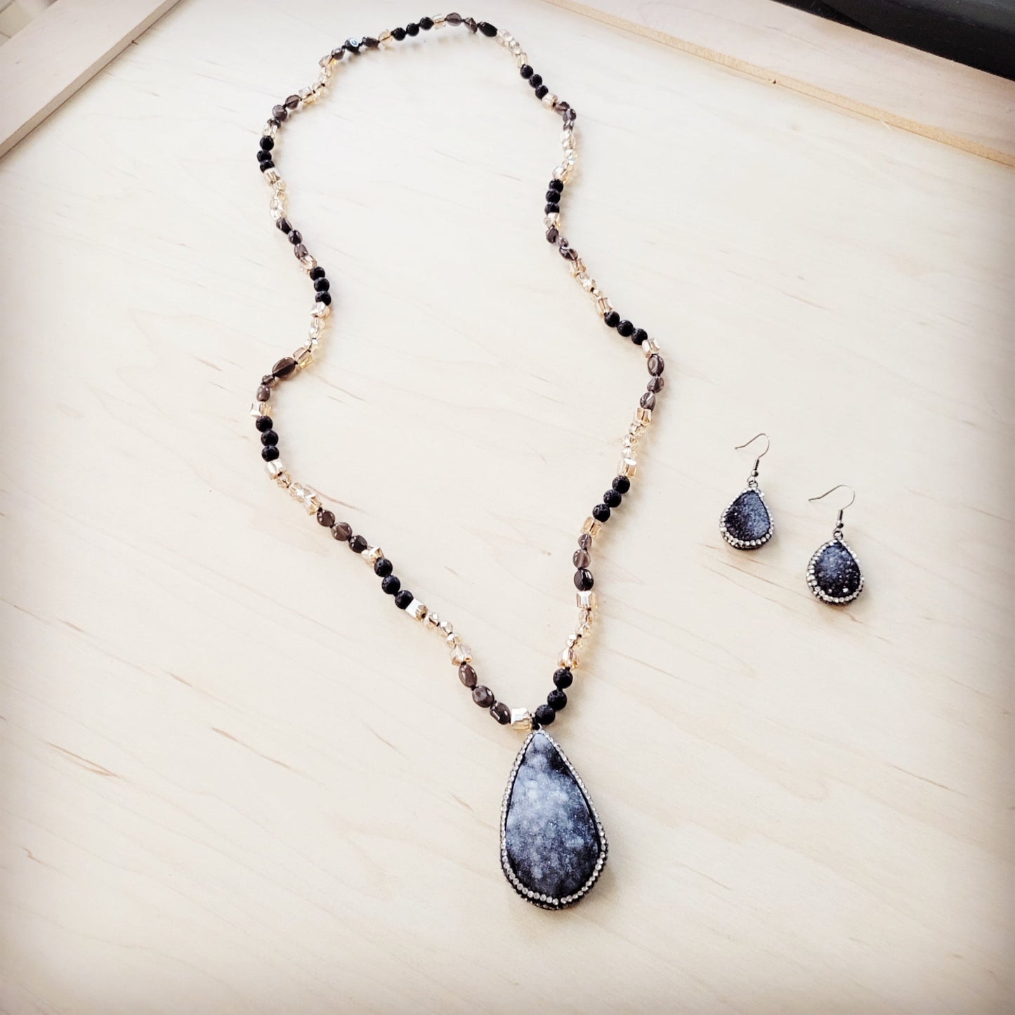 Black Lava Beaded Necklace w/ Druzy Pendant 257lb