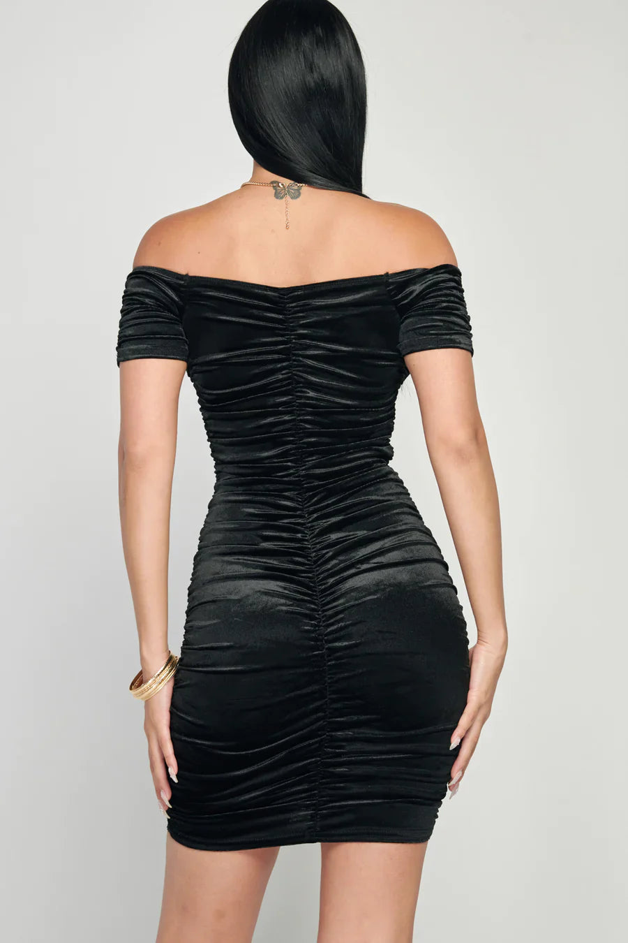 Shiny Velvet Off-Shoulder Ruched Mini Dress