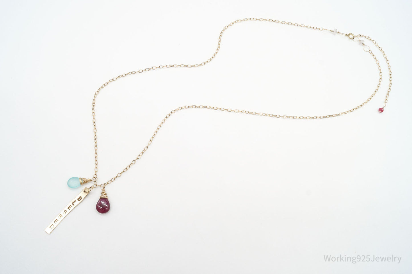 Vintage 14K Gold Filled "BLESSED" Chalcedony Rhodolite Rose Quartz Necklace 24"