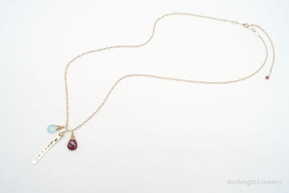Vintage 14K Gold Filled "BLESSED" Chalcedony Rhodolite Rose Quartz Necklace 24"
