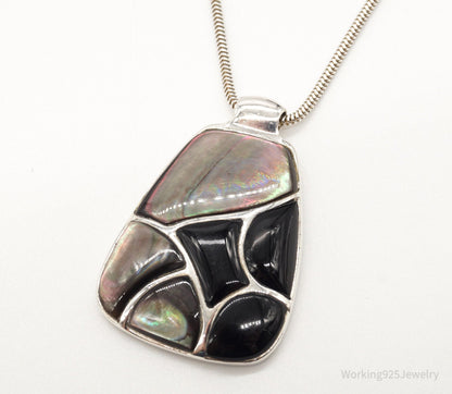 Vintage Black Onyx Paua Abalone Shell Sterling Silver Necklace