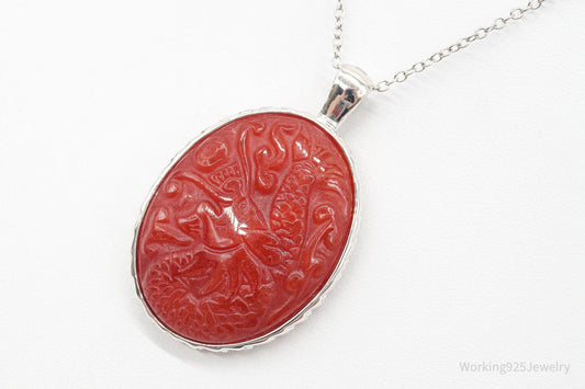 Large Vintage Carved Carnelian Dragon Sterling Silver Necklace