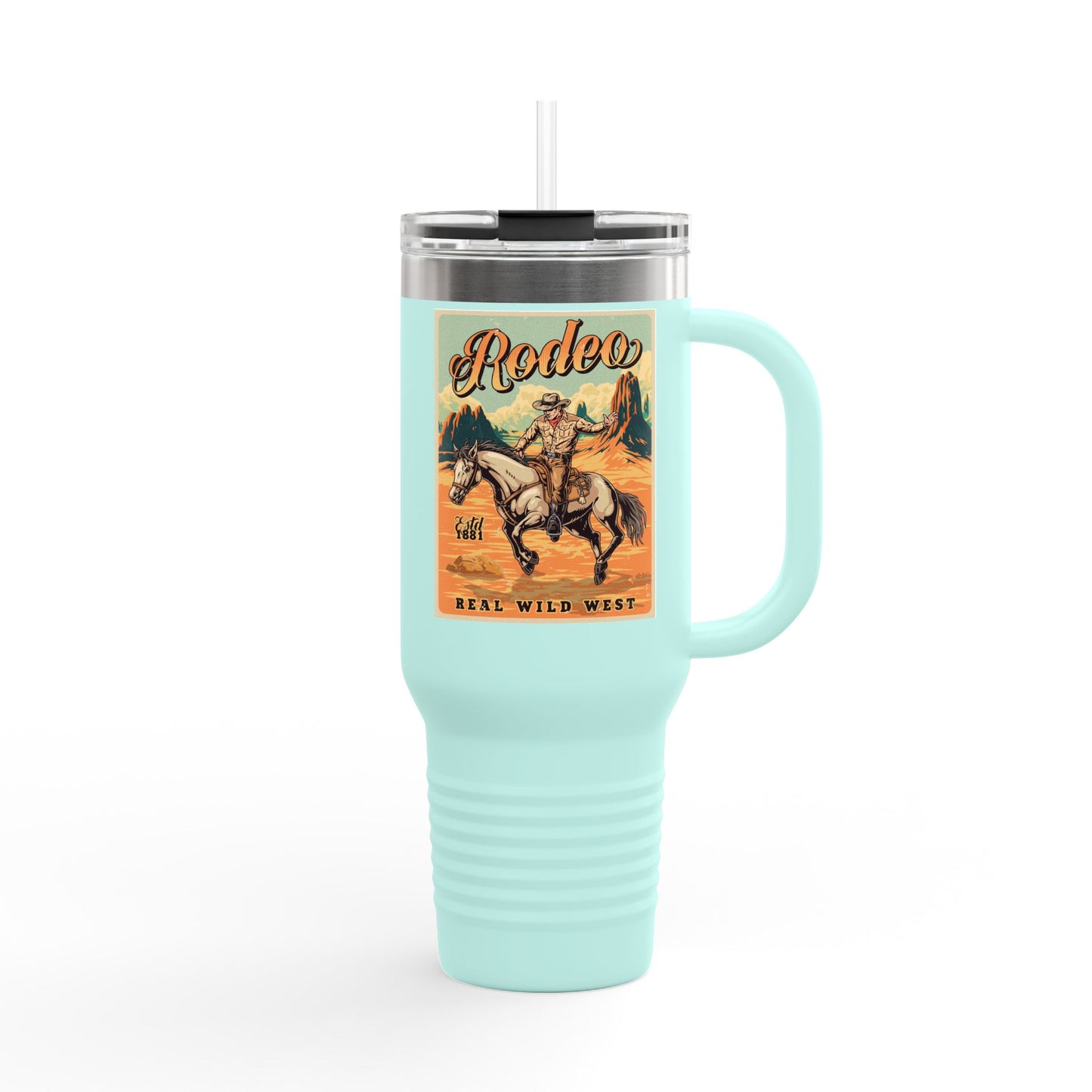 Rodeo Cowboy 40oz Insulated Travel Mug — Wild West Horseback Design