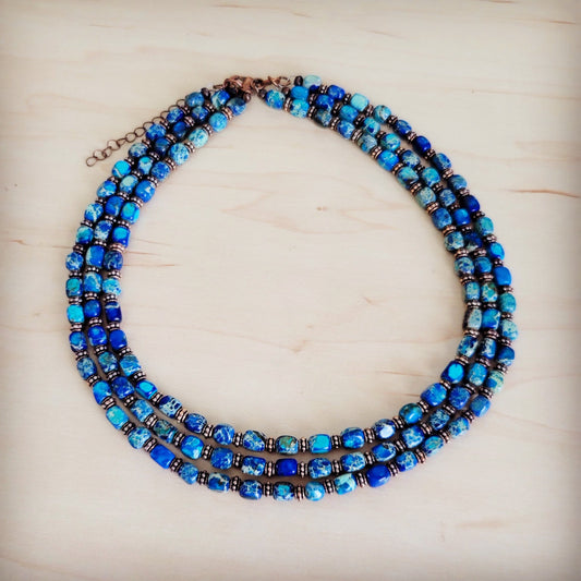 Triple Strand Layered Boho Denim Regalite Necklace 264k