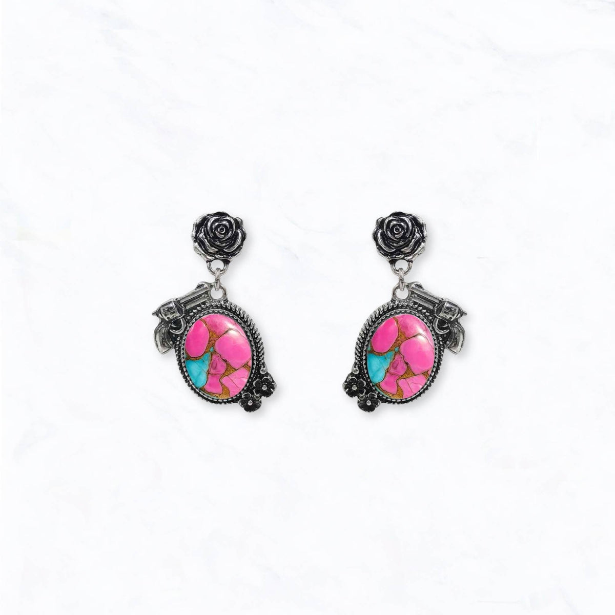 Western Engraved Revolver & Rose Drop Earrings: Turquoise