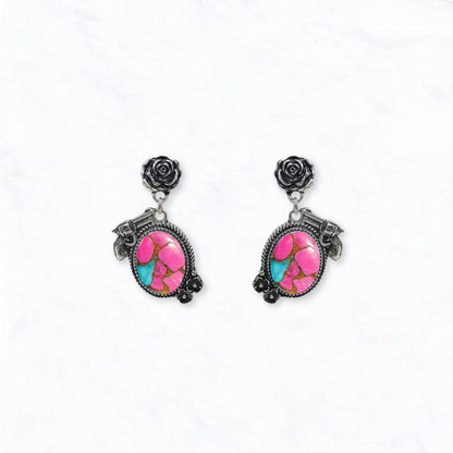 Western Engraved Revolver & Rose Drop Earrings: Turquoise