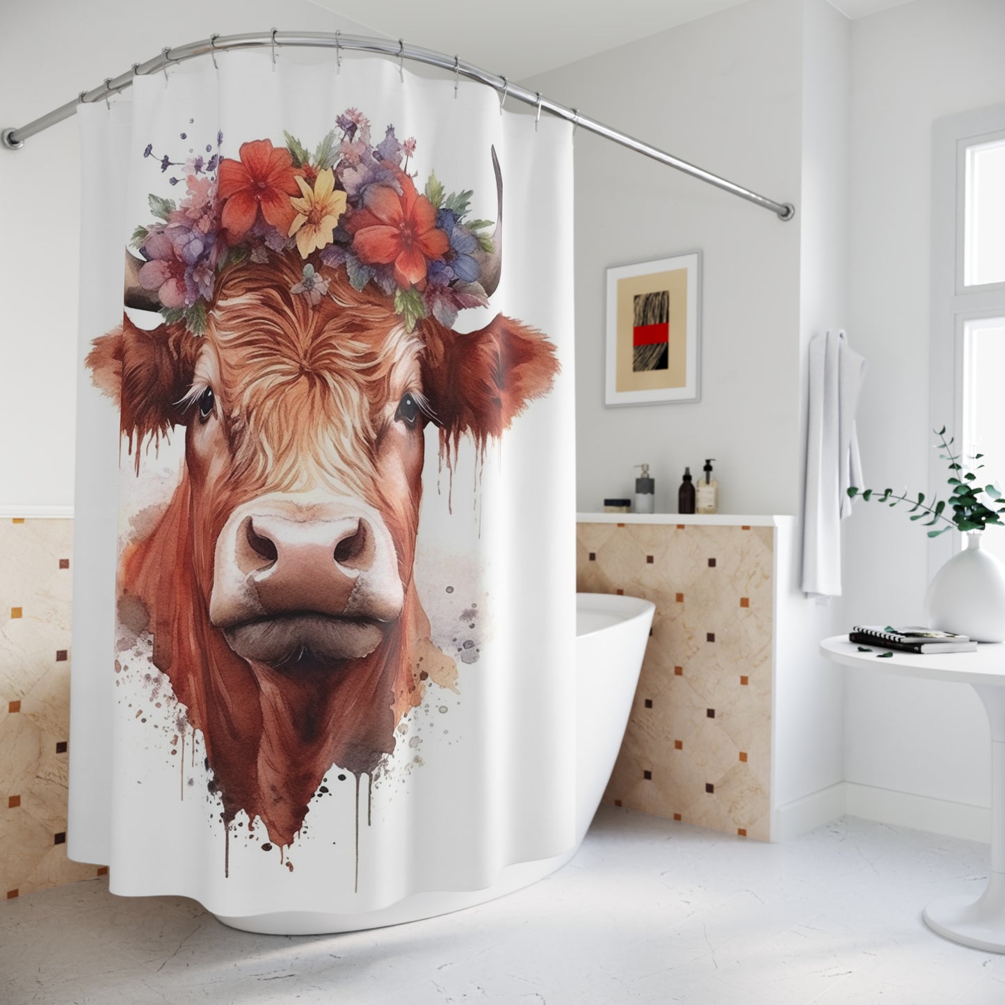 Floral Cow Shower Curtain - Rustic Farmhouse Decor, Bohemian Bathroom, Gift for Cow Lovers, Animal Lover Home Decor