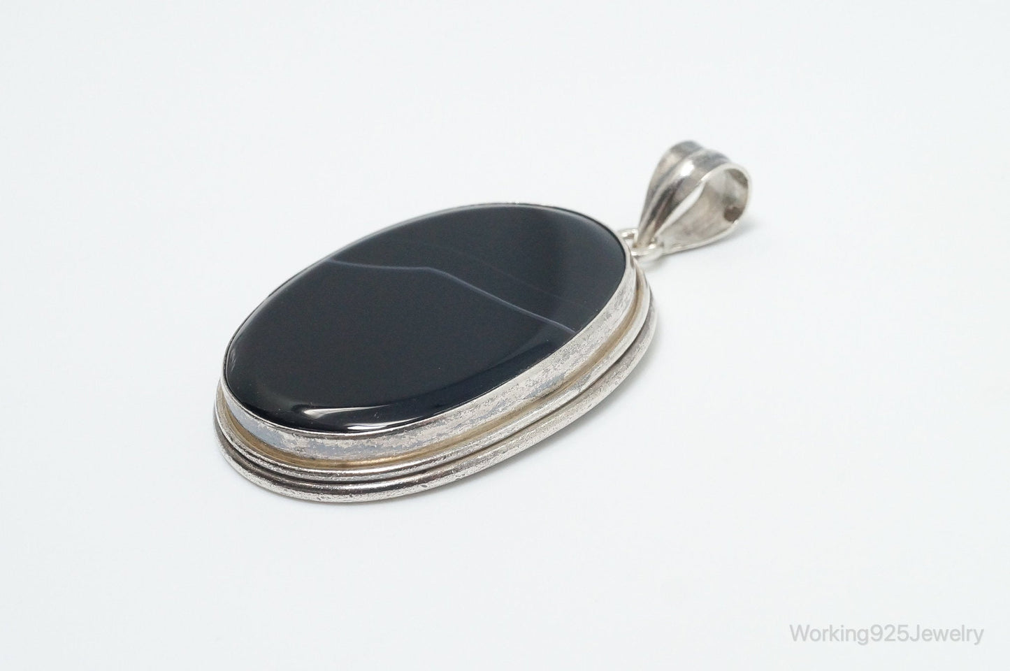 Vintage Large Black Lace Agate Sterling Silver Pendant