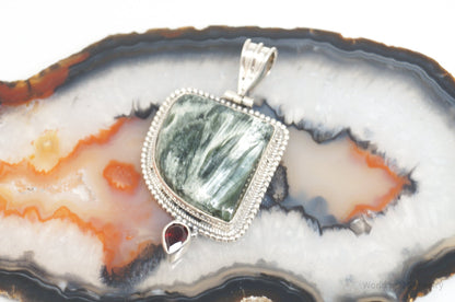 Vintage Large Green Seraphinite Garnet Sterling Silver Necklace Pendant