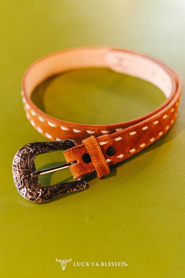 Camel Tooled Leather Western Belt W Buckstitch Detail