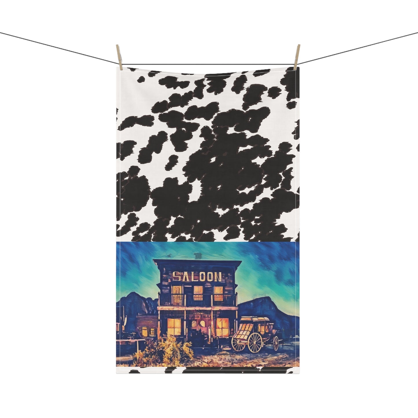 Cowhide Saloon Tea Towel — Western Saloon Kitchen Towel with Vintage Wagon Design