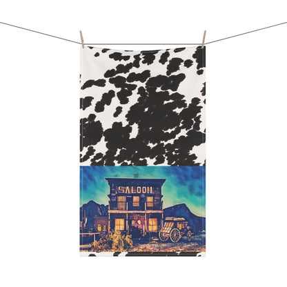 Cowhide Saloon Tea Towel — Western Saloon Kitchen Towel with Vintage Wagon Design