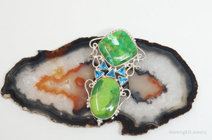 Vintage Large Green Turquoise Blue Topaz Sterling Silver Necklace Pendant