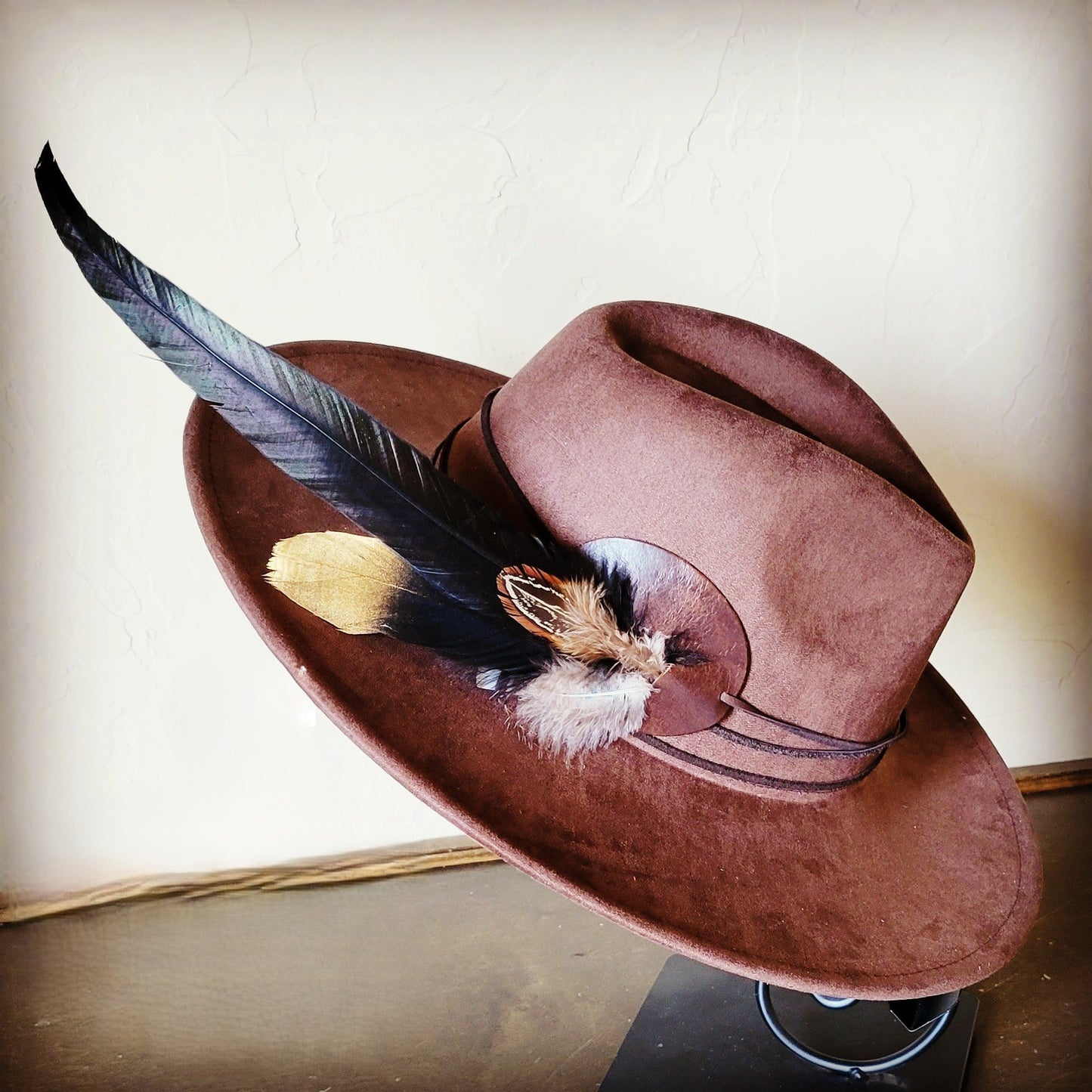 **Boho Western Hat w/ Choice of Feather Hat Band-Brown 982d