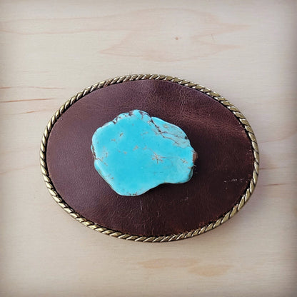 Rope Edge Brown Leather Belt Buckle w/ Blue Turquoise 907x