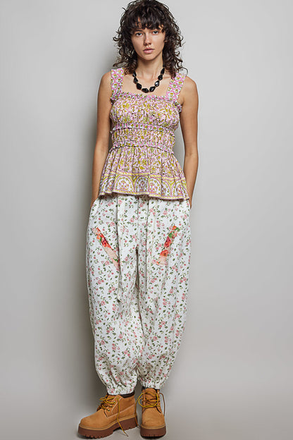 POL Smocked Printed Square Neck Peplum Tank with Ruffle Trim