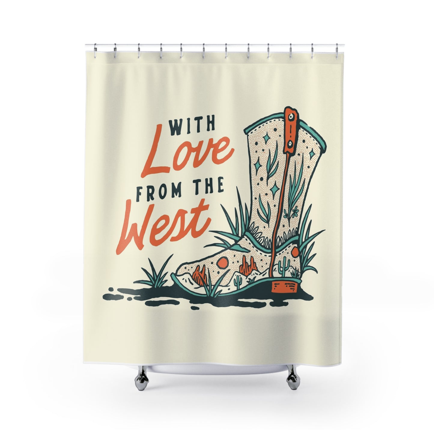 Western Boot Shower Curtain — "With Love From The West" Rustic Cowboy Bathroom Decor