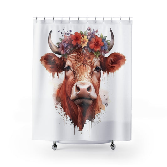 Floral Cow Shower Curtain - Rustic Farmhouse Decor, Bohemian Bathroom, Gift for Cow Lovers, Animal Lover Home Decor