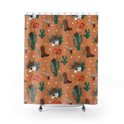 Western Desert Shower Curtain — Cowboy Skull, Cactus & Boots Bath Decor