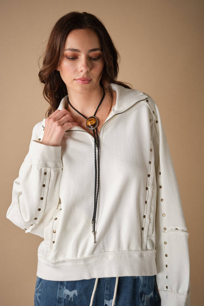 Studded Half-Zip Sweatshirt Black & Cream