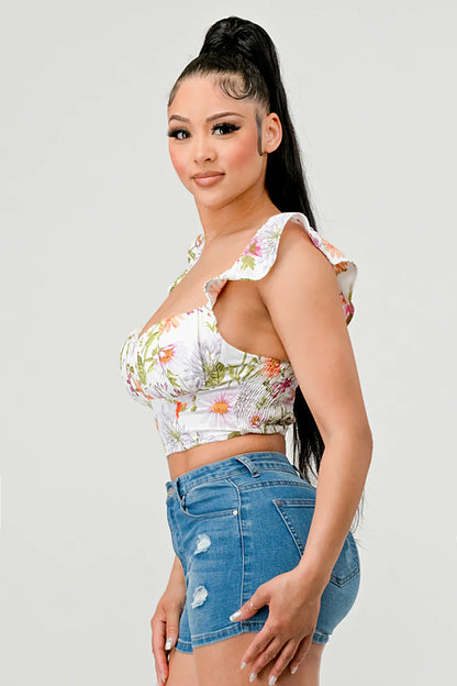 FLORAL SWEETHEART RUCHED FLUTTER SLEEVES CROPPED TOP