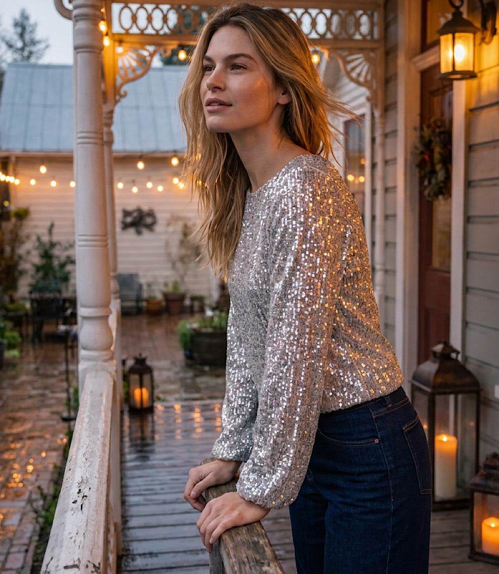 Petite Size Sequin Blouson Sleeve Boatneck Top