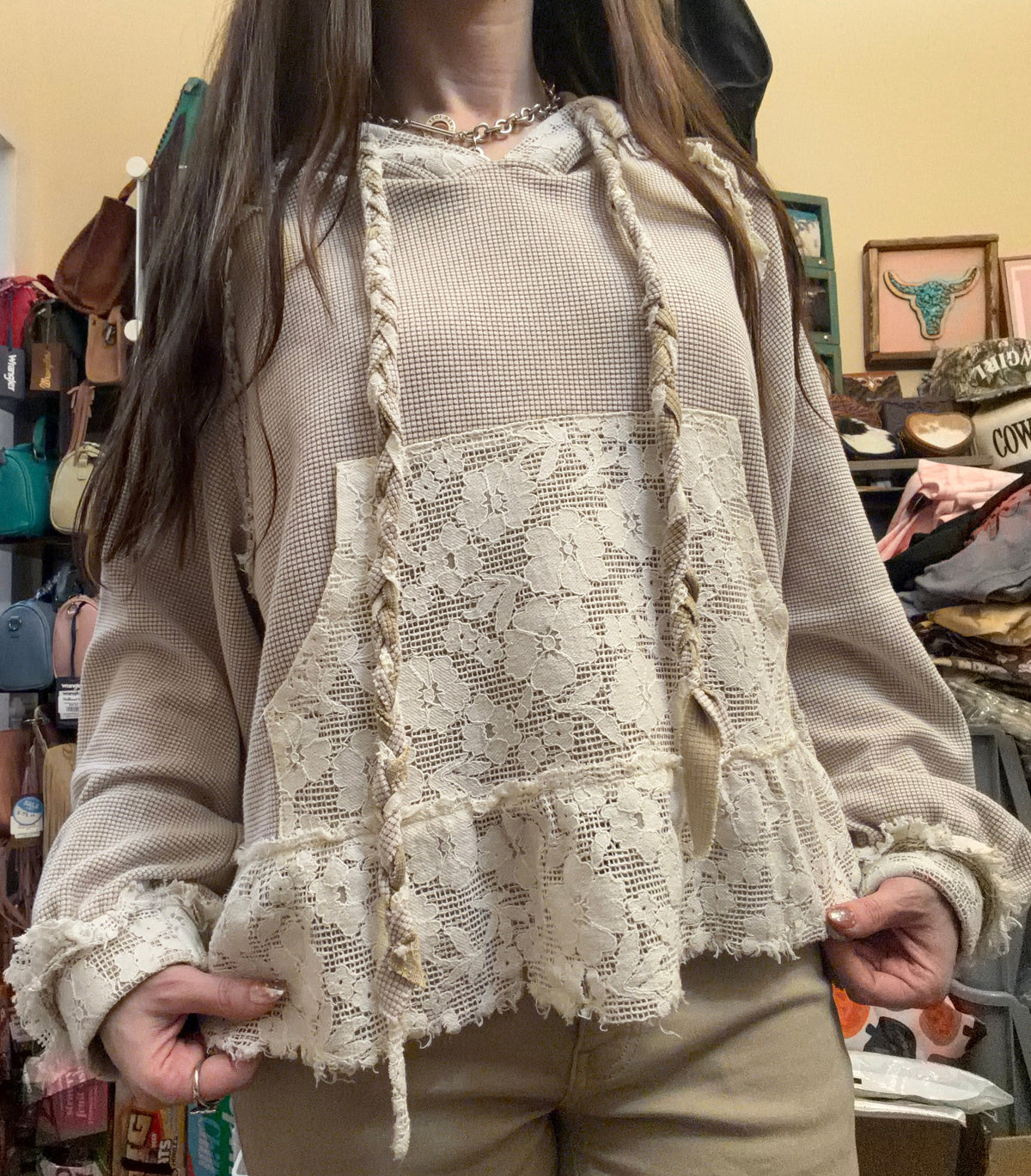 Lace & Thermal Cropped Hoodie