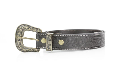 Black Tooled Leather Belt with Floral Filigree ABB 14-2630