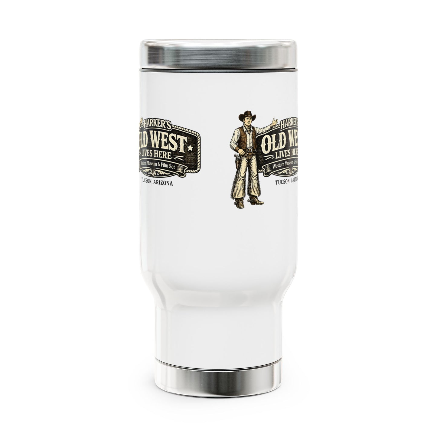 Harker's Old West Cowboy Travel Mug - 14oz Stainless Steel Tumbler with Handle