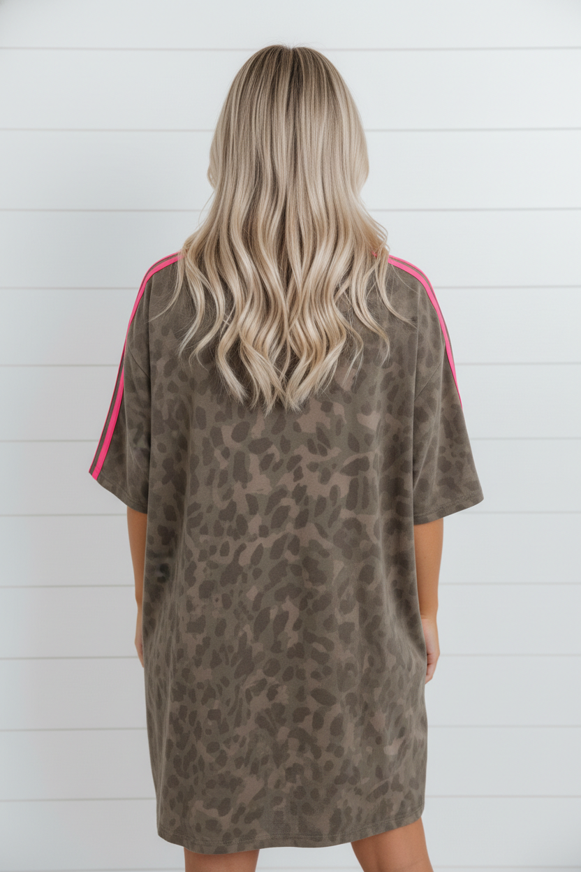 Leopard Contrast Stripe T-Shirt Dress