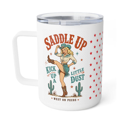 Western Coffee Mug – “Saddle Up” 10oz Insulated Travel Mug with Retro Cowboy Design