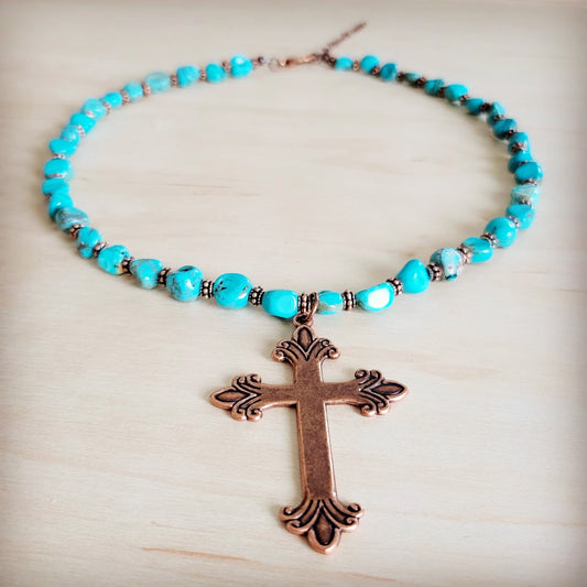 Turquoise and Copper Collar Necklace w/ Copper Cross Pendant 263z